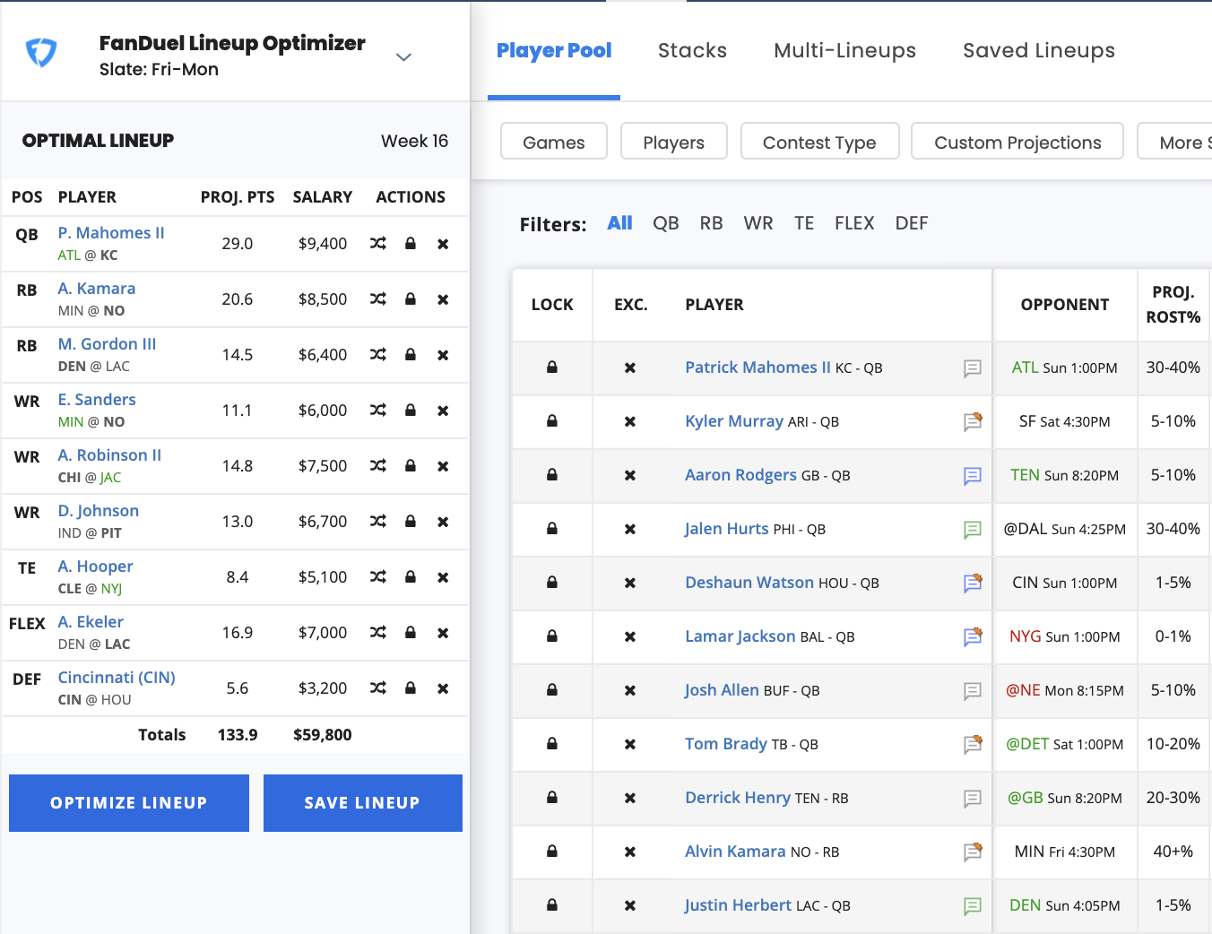 NFL FanDuel Lineup Optimizer, Daily Fantasy Sports (DFS)