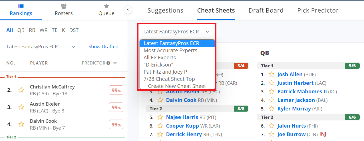 employment Compatible with Product How do I pick my cheat sheet while using the Draft Assistant or Draft  Simulator? – FantasyPros